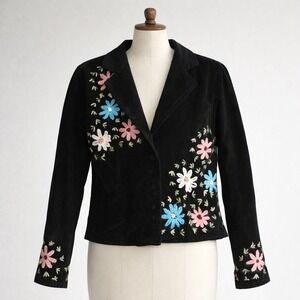Persaman New York Black Corduroy Floral Embroidered Blazer Jacket Womens Size 2